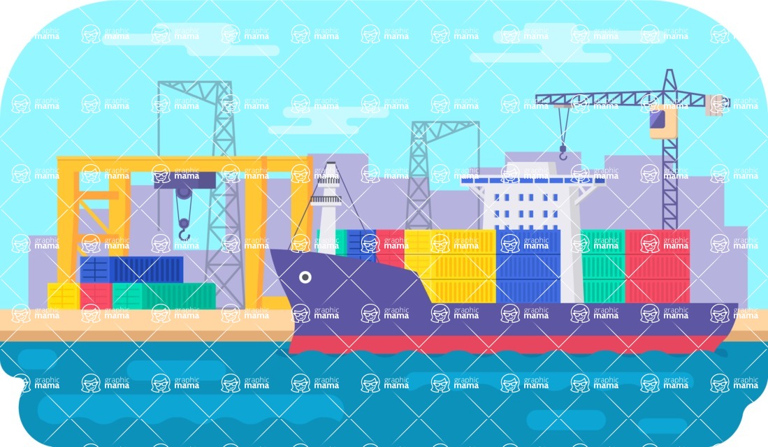 Vector Landscape Mega Bundle - Flat Shipping Port Vector Background Illustration
